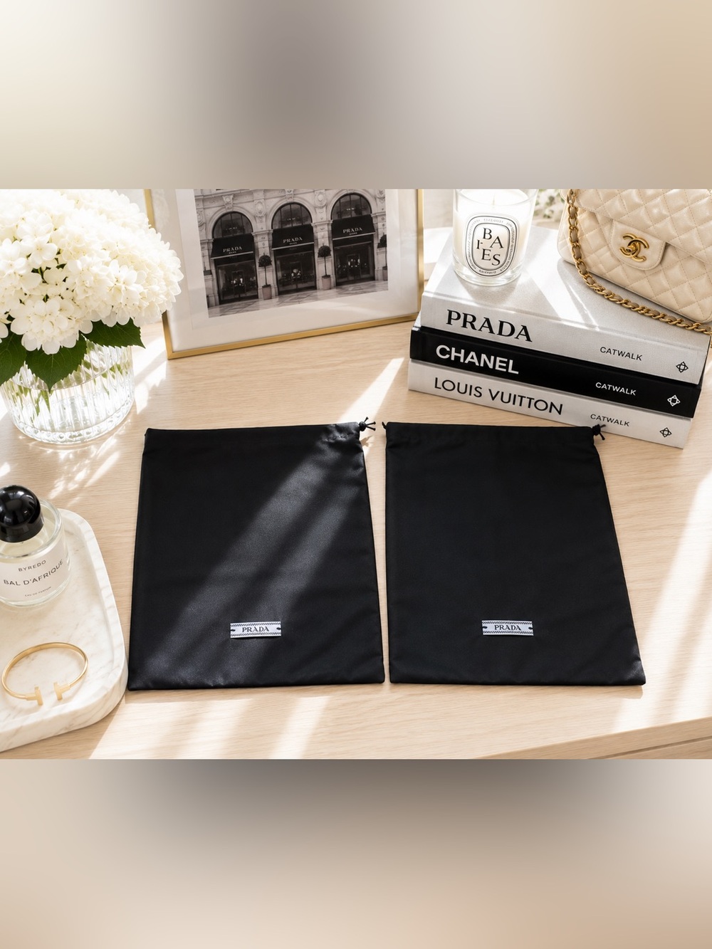 Prada Black Drawstring Dust Bags Set of2 Authentic Shoe Bag Storage Travel Pouch